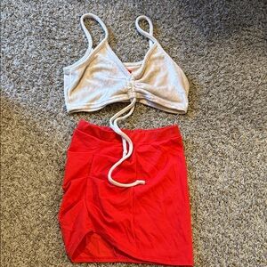Red Skirt and Cream Crop Top Set
